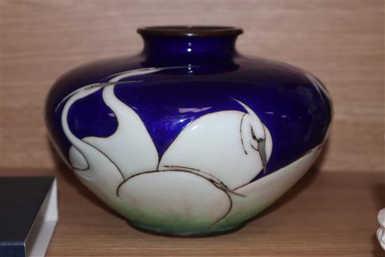 A Japanese musen and moriage enamel egrets vase height 14cm
